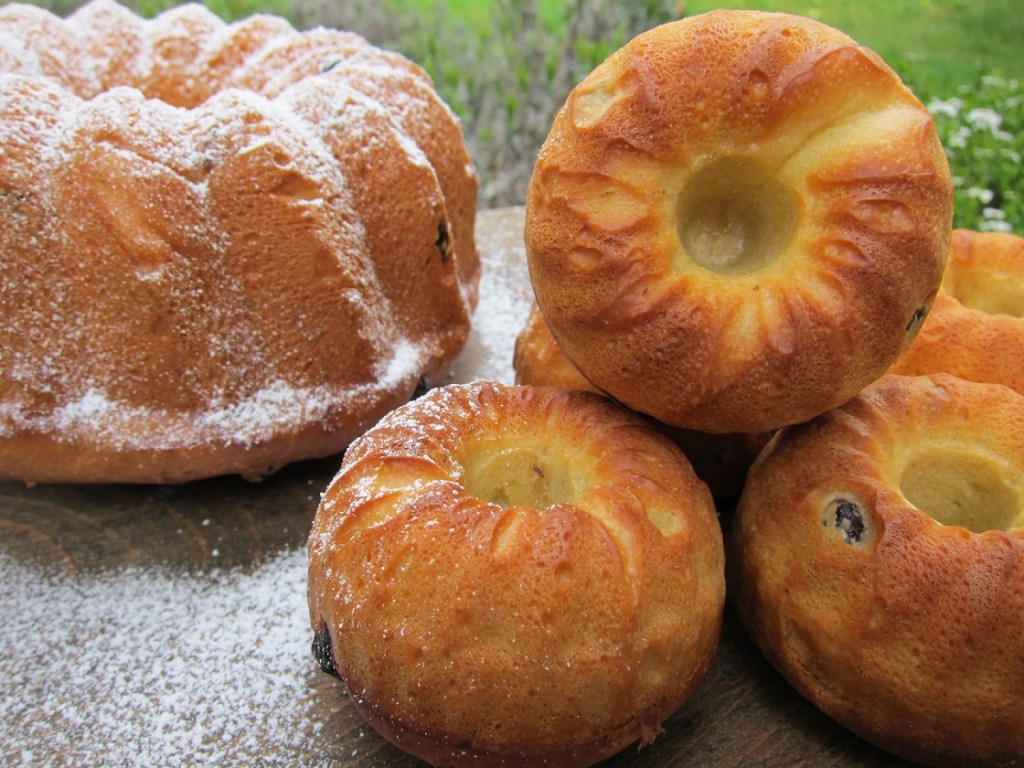 Ein Stueck Gugelhupf und mehrere kleine Gugelhupf-Baeckereien, mit Puderzucker bestaeubt, vor gruenem Hintergrund.