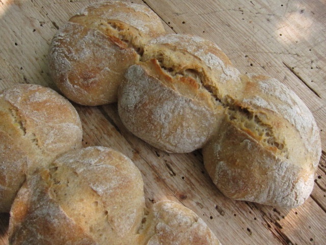 Frische Brötchen aus Dinkelmehl, leicht bemehlt und mit knuspriger Kruste, auf einem Holzbrett präsentiert.
