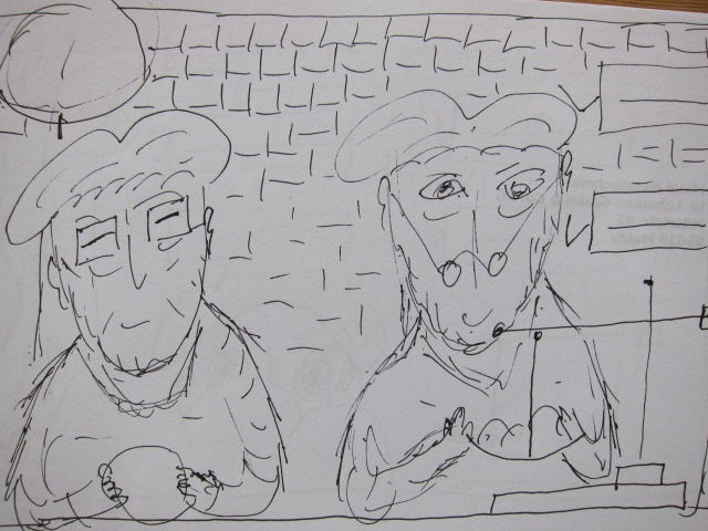 Zwei cartoonartige Figuren mit breiten Hüten stehen hinter einem Tisch, der mit verschiedenen Gegenständen dekoriert ist. Die Figuren haben große, ausgeprägte Gesichter und halten jeweils etwas in der Hand.