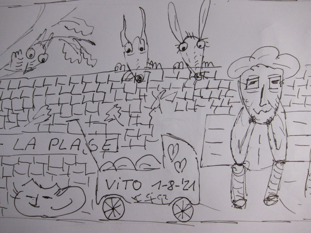 Ein gezeichnetes Bild, das einige Tiere zeigt, die über eine Mauer schauen. Ein alter Mann sitzt auf einer Bank, neben einem Kinderwagen mit dem Schriftzug 'VITO 1-8-21'. Der Hintergrund zeigt eine einfache, skizzenhafte Darstellung von Blättern und einer Mauer mit der Aufschrift 'LA PLAGE'.
