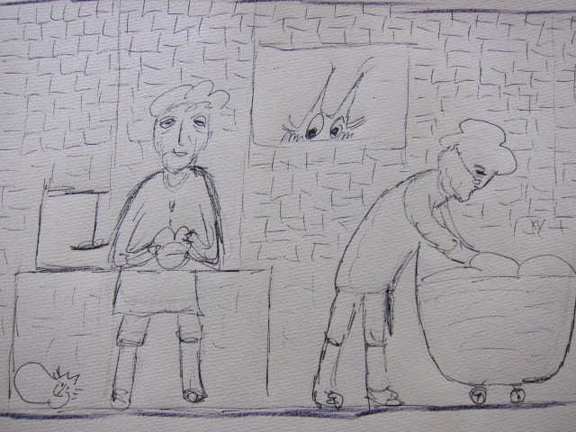 Eine einfache Zeichnung, die zwei Personen in einer Küche zeigt, eine am Tisch mit einem Ball in den Händen und die andere aufrecht stehend, die eine Schüssel oder einen Korb über einen Tisch beugt. Im Hintergrund ist eine Katze zu sehen und ein Bild an der Wand.