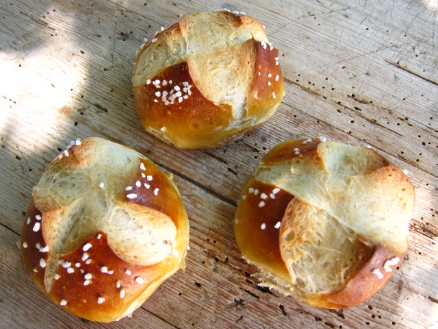 Drei frisch gebackene, goldbraune Laugenbrötchen mit Salzperlen auf einer Holzoberfläche.