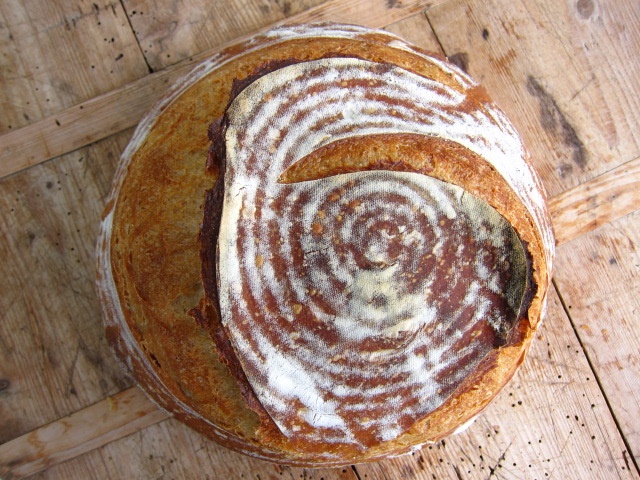 Ein frisch gebackenes rundes Sauerteigbrot mit einer spiralförmigen Mehlkörnung auf der Oberfläche, platziert auf einer Holzoberfläche.