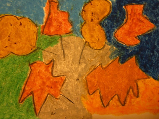 Buntes, handgemaltes Bild von verschiedenen Blättern in herbstlichen Farben, die um einen Baum gruppiert sind, mit einem blauen Himmel im Hintergrund.