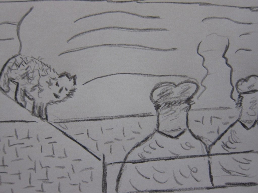 Eine skizzierte Szene mit einem kleinen, strubbeligen Kätzchen, das auf einer Mauer sitzt. Im Hintergrund sind zwei Personen mit Kochmützen zu sehen, die mit ihrem Blick in die Richtung des Katzenblicks gerichtet sind.