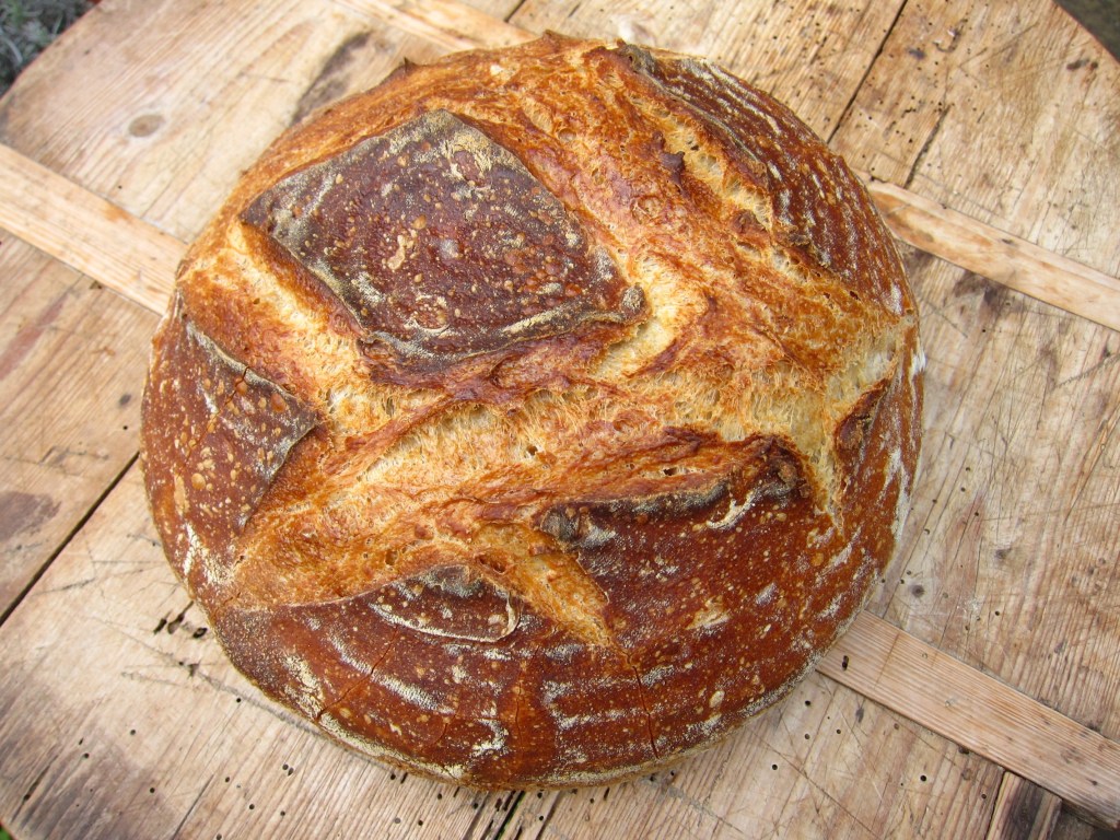Ein frisch gebackenes runden Sauerteigbrot mit einer goldbraunen, knusprigen Kruste, auf einem Holzbrett platziert.