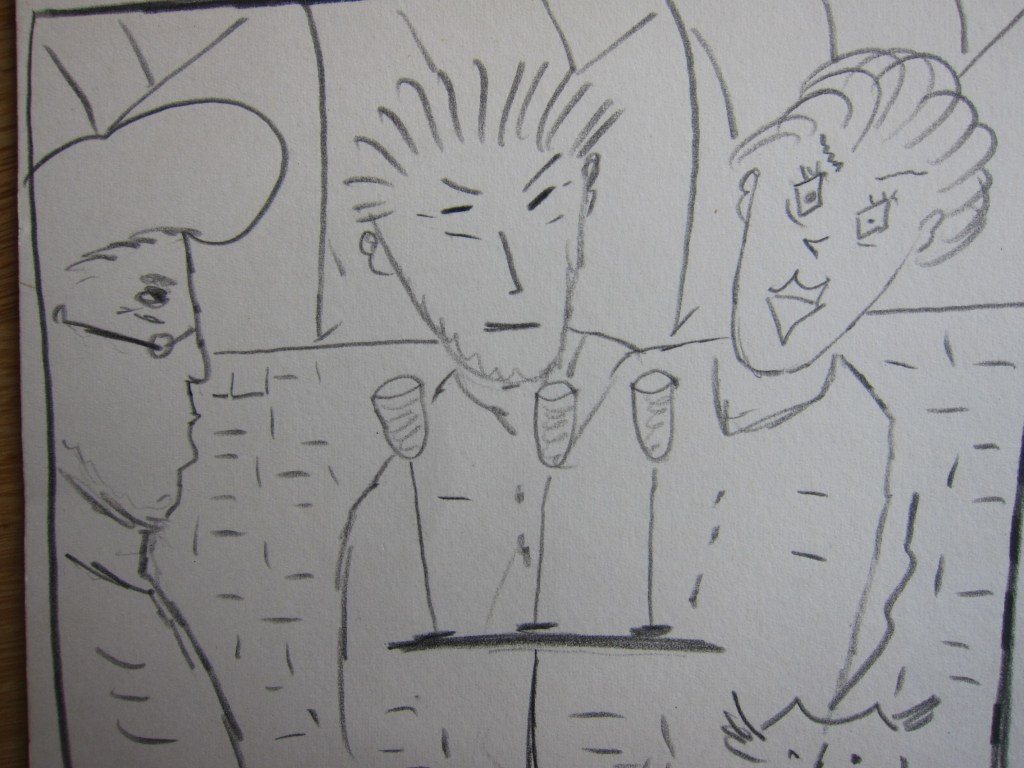 Drei skizzierte Figuren in einer Zeichnung, die miteinander interagieren und auf einem Tablett schauen.