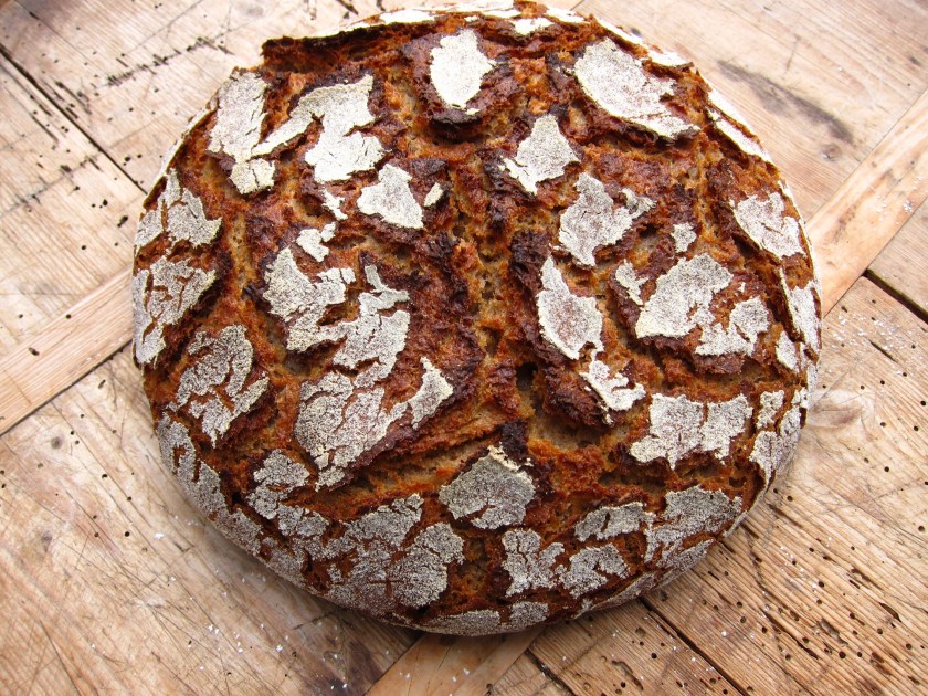 Ein rustikales, rundes Sauerteigbrot mit einer knusprigen, crackartigen Kruste auf einem Holztisch.