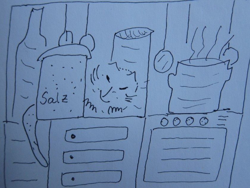 Schematische Darstellung einer Küche mit verschiedenen Zutaten, darunter eine Tasse mit dem Schriftzug 'Salz', verschiedene Behälter und ein Kätzchen, das auf einem Regal sitzt.