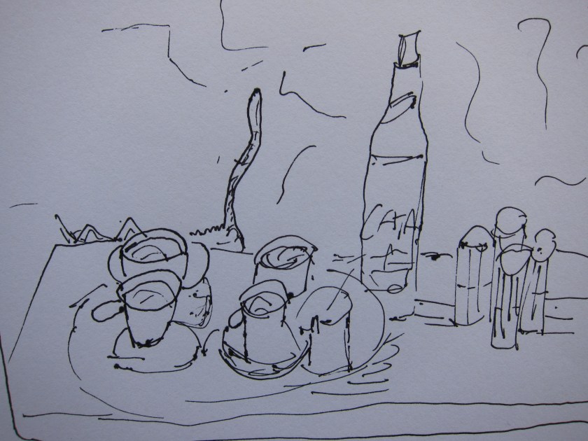 Skizze einer Küchentischsituation mit verschiedenen Behältern, einem Flasche und anderen Küchenutensilien