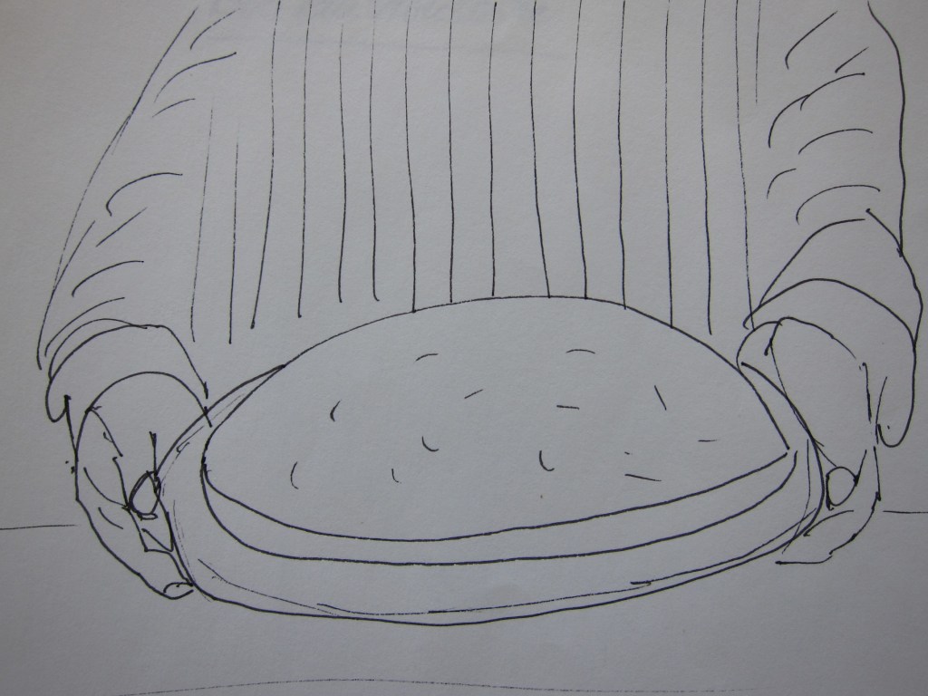 Eine gezeichnete Darstellung einer Person in einem gestreiften Oberteil, die ein rundes Brot in den Händen hält.