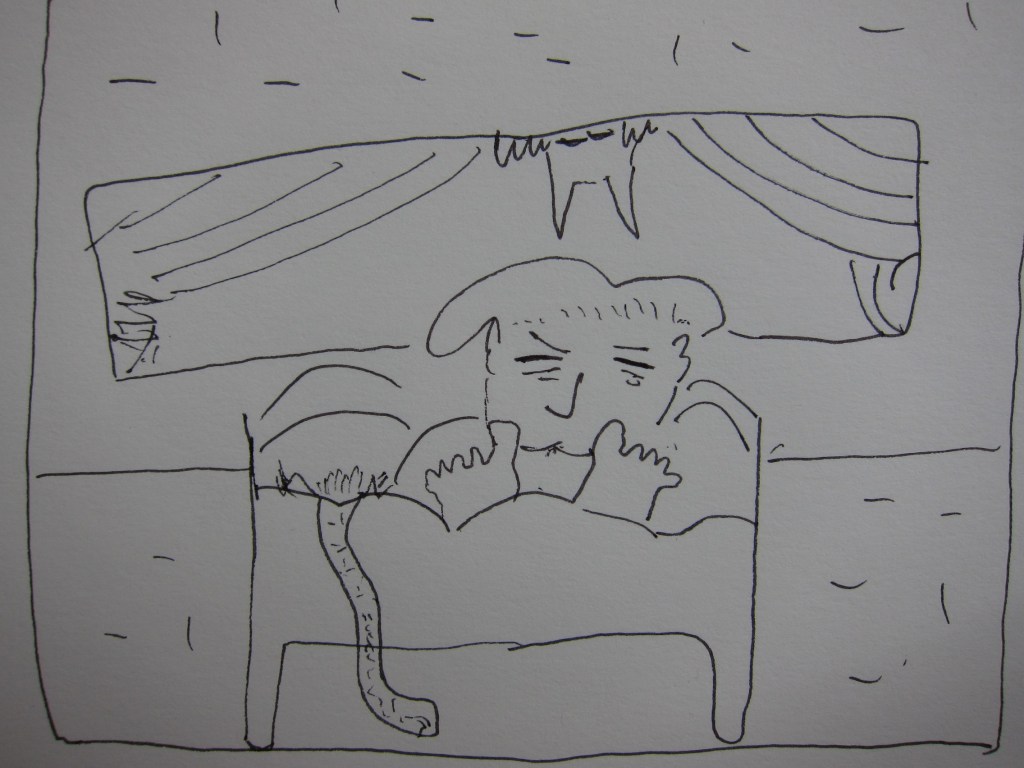 Eine einfache Zeichnung eines Mannes im Bett, der schläft. Eine Katze sitzt am Fußende des Bettes und schaut neugierig zum Mann hinauf. Der Raum ist minimalistisch mit einer einfachen Szene.