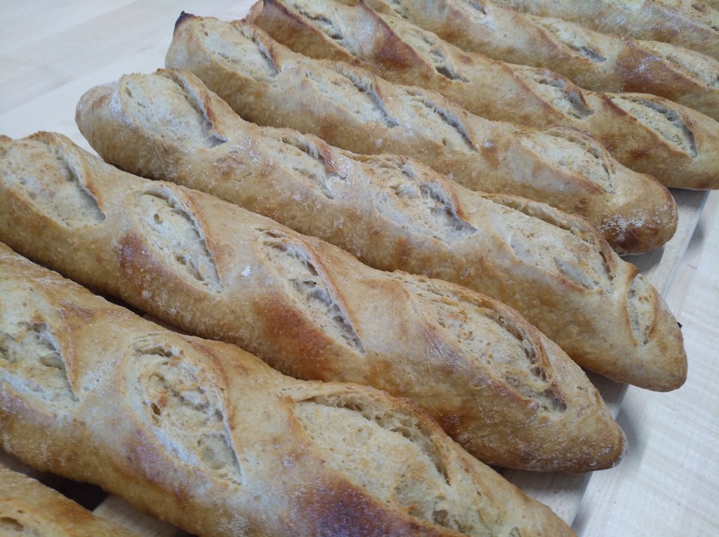 Gelegte Baguettes frisch aus dem Ofen, mit einer goldbraunen Kruste und Schnittlinien auf der Oberseite.
