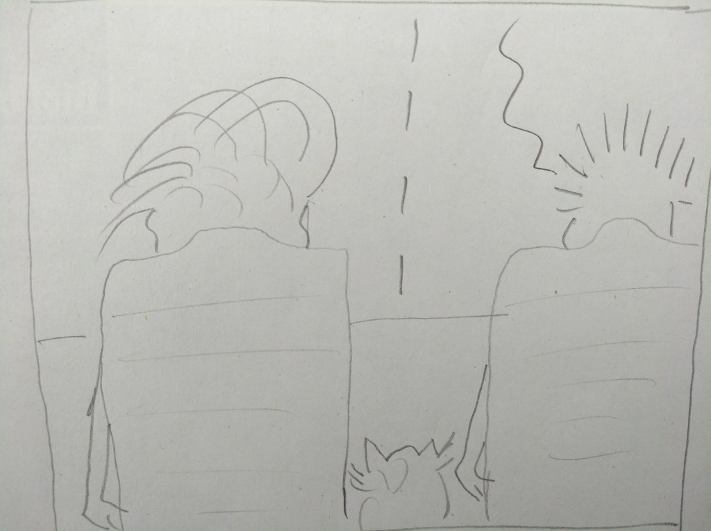 Skizze von zwei Personen mit einer Katze, die auf einem Stuhl sitzt, vor einem Fenster, hinter dem ein Sonnenaufgang zu sehen ist.