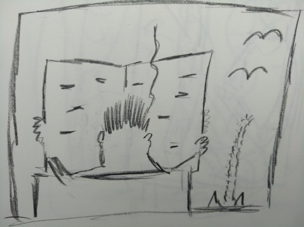 Eine skizzierte Person sitzt mit einem Buch in der Hand, während zwei Vögel im Hintergrund fliegen und eine Pflanze im Vordergrund sichtbar ist.