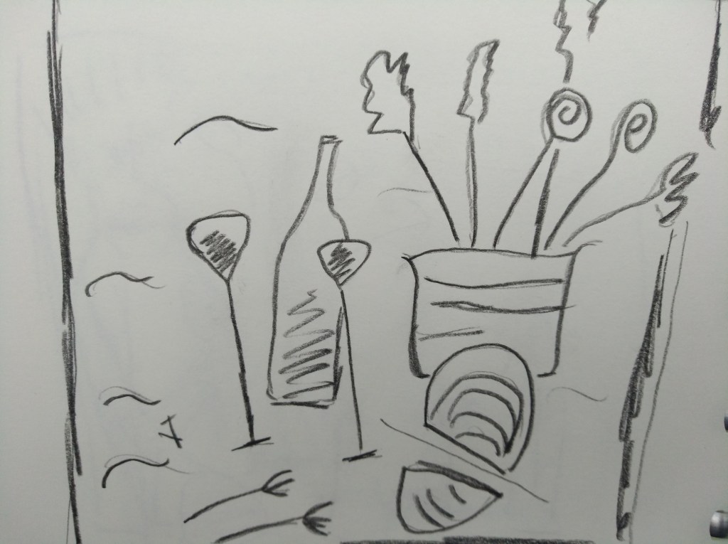Skizze mit einer Flasche, Gläsern und verschiedenen Utensilien in einem Behälter, umgeben von abstrakten Linien.