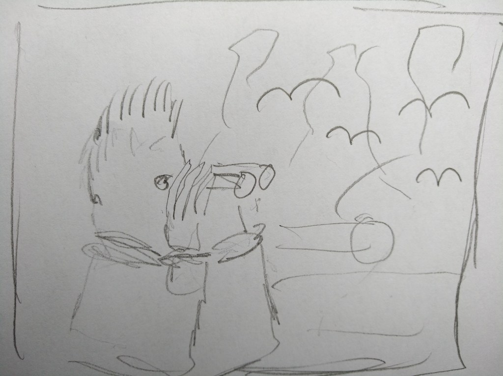 Eine Skizze mit abstrahierender Darstellung von zwei Gesichtern und abstrakten Formen im Hintergrund.