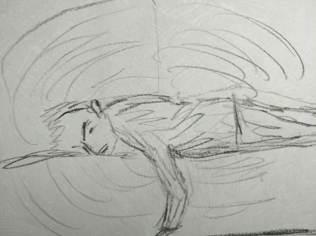 Skizze einer schlafenden Person, die auf dem Boden liegt, umgeben von fließenden Linien, die Bewegung oder Schwindel andeuten.