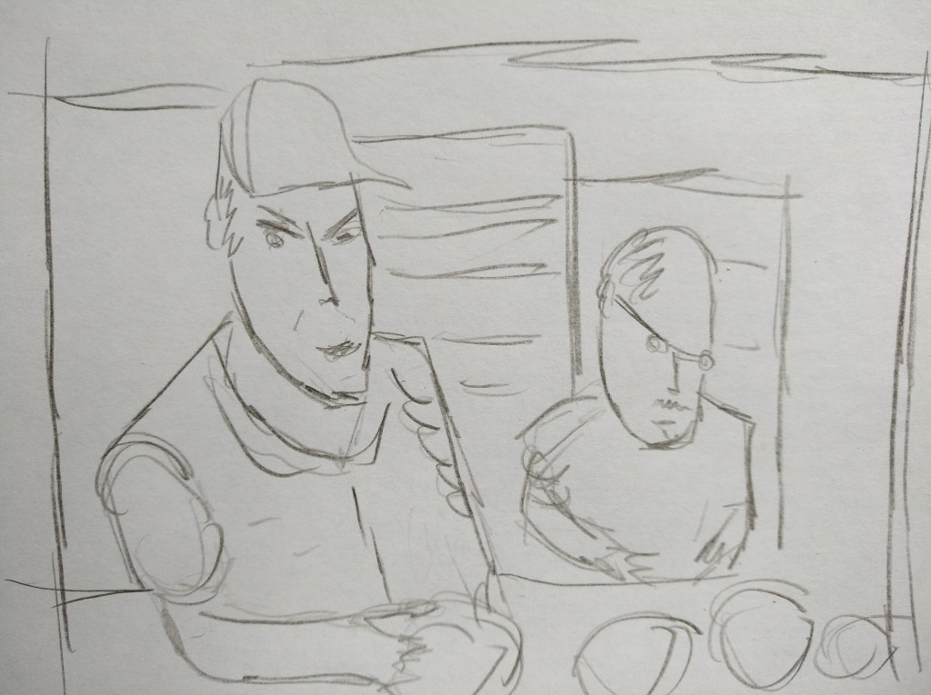 Skizze von zwei Personen, eine mit Kappe und die andere mit Brille, in einem informellen Gespräch oder einer Diskussion. Im Hintergrund sind unscharfe Linien, die möglicherweise eine Wand oder Tafel darstellen.