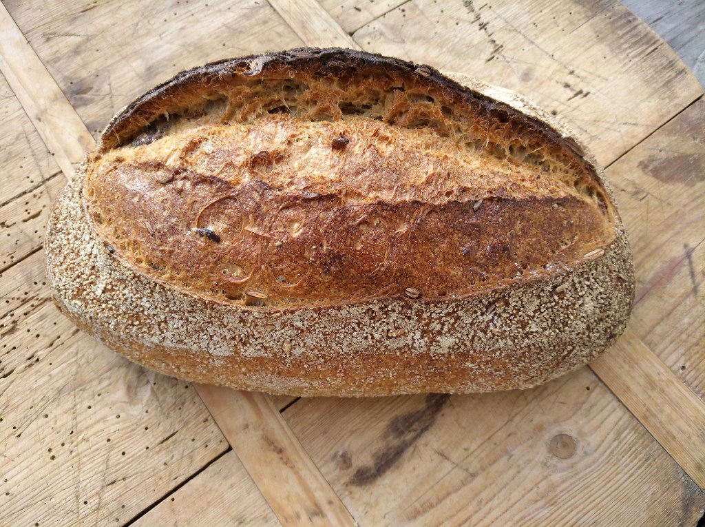Ein rustikales Brot mit einer knusprigen Kruste und einer goldenen Oberfläche, auf einem Holzuntergrund platziert.