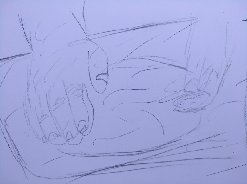 Zeichnung von Händen, die einen Teig kneten, auf weißem Hintergrund.