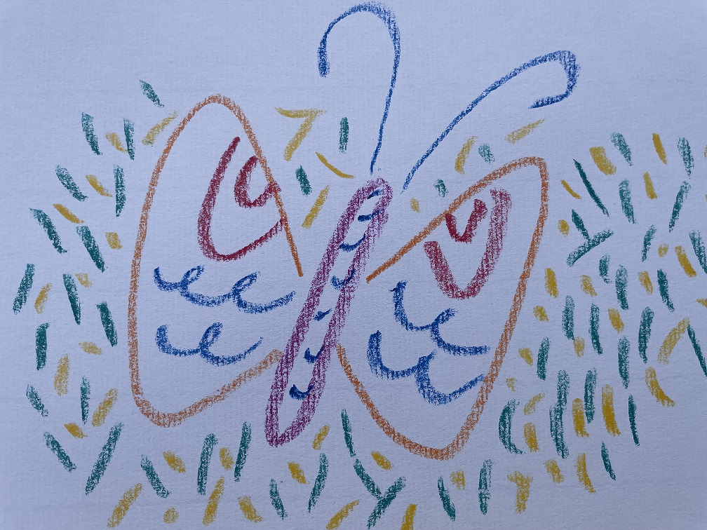 Eine bunte Zeichnung eines Schmetterlings, umgeben von grasähnlichen Linien in verschiedenen Farben.